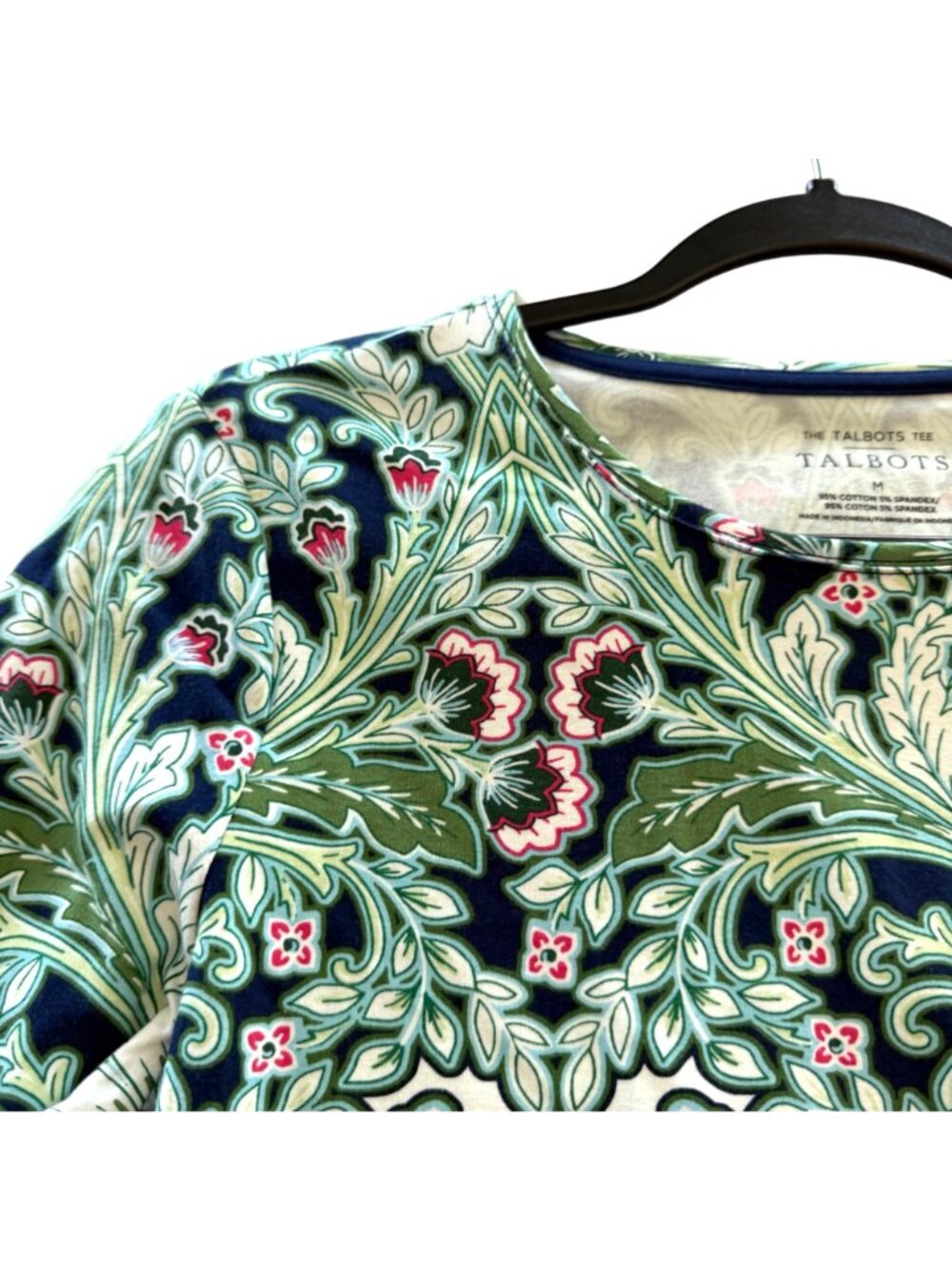 Talbots Tee Botanical Shirt M Womens Blue Green Long Sleeve Floral Cotton Top - Picture 2 of 9